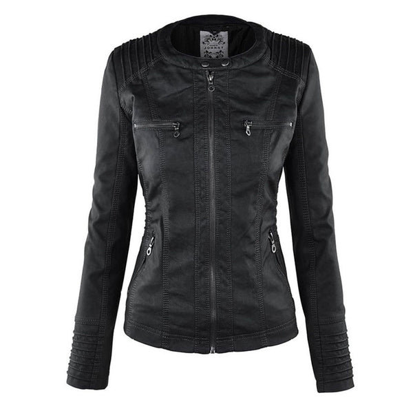 Women's Hooded Faux Leather Moto Jacket with Zip Front