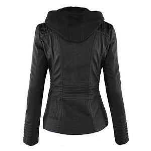 Women's Hooded Faux Leather Moto Jacket with Zip Front