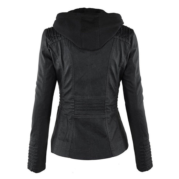 Women's Hooded Faux Leather Moto Jacket with Zip Front