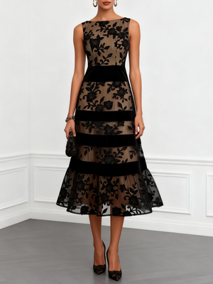 Women’s Black Floral Lace Sleeveless Midi Dress