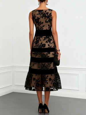 Women’s Black Floral Lace Sleeveless Midi Dress