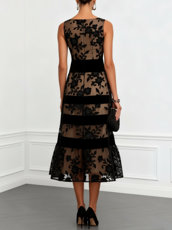 Women’s Black Floral Lace Sleeveless Midi Dress