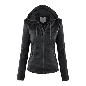 Women's Hooded Faux Leather Moto Jacket with Zip Front