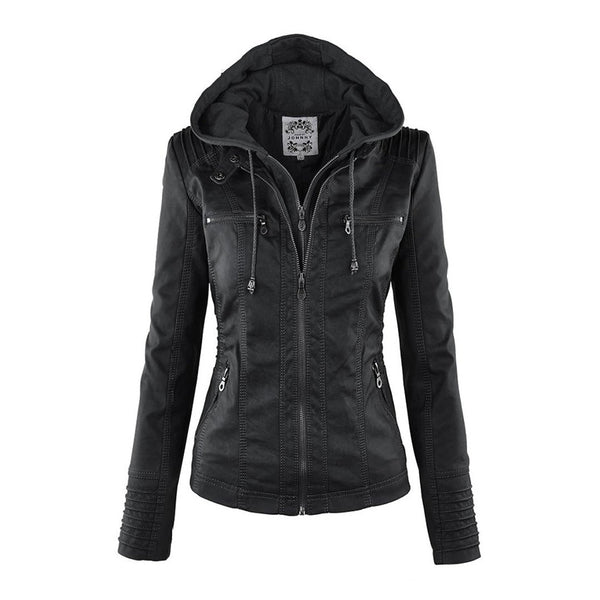 Women's Hooded Faux Leather Moto Jacket with Zip Front