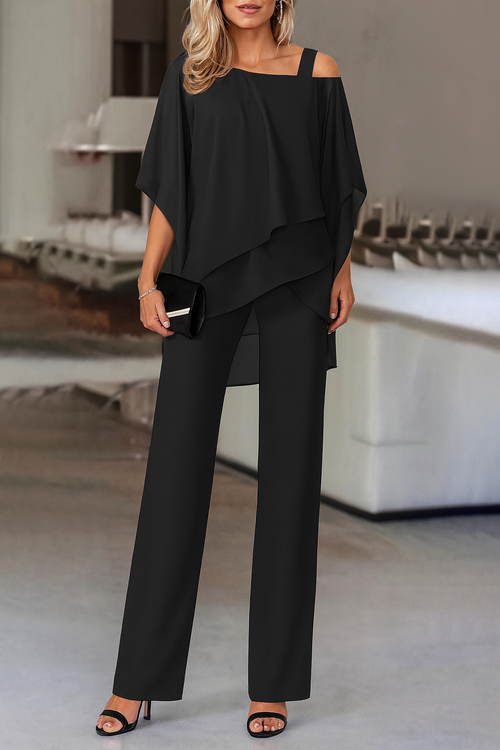 Women’s Elegant Off-Shoulder Layered Top & Wide Leg Pants Set