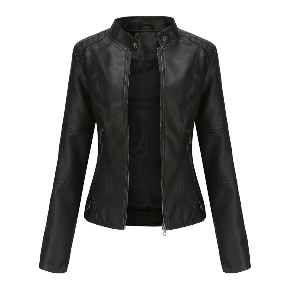 Chaqueta moto casual ajustada con cremallera para mujer