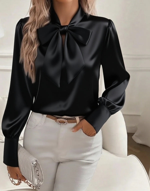 Blusa elegante con lazo y manga larga para mujer