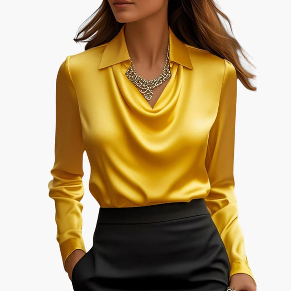Satin Draped Neck Long Sleeve Blouse