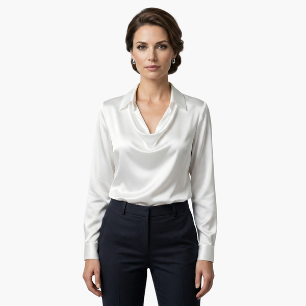 Satin Draped Neck Long Sleeve Blouse