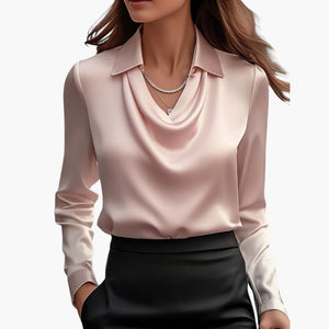 Satin Draped Neck Long Sleeve Blouse