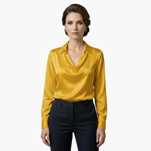 Satin Draped Neck Long Sleeve Blouse