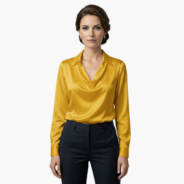Satin Draped Neck Long Sleeve Blouse