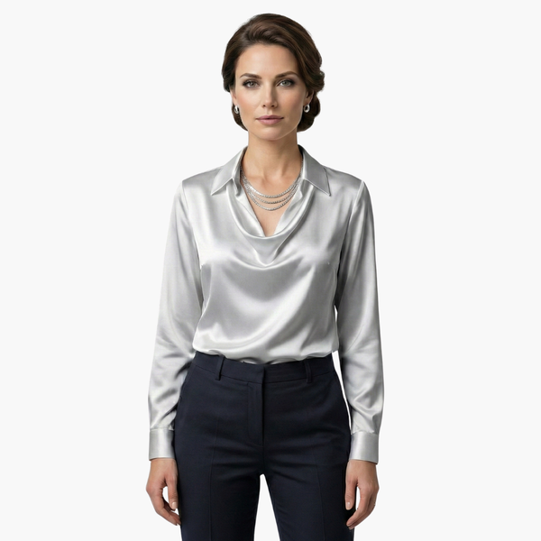 Satin Draped Neck Long Sleeve Blouse