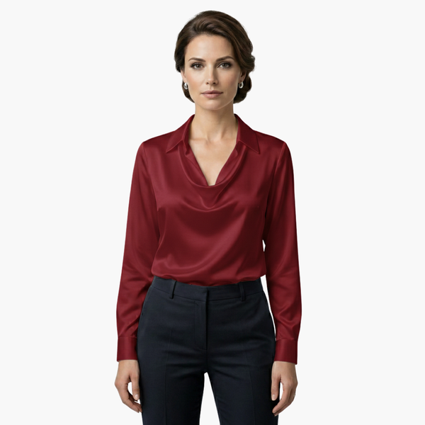 Satin Draped Neck Long Sleeve Blouse