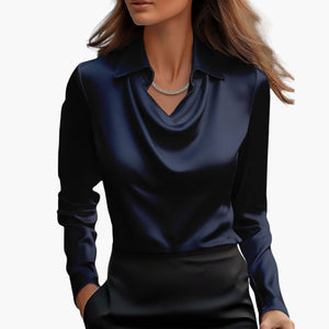Satin Draped Neck Long Sleeve Blouse