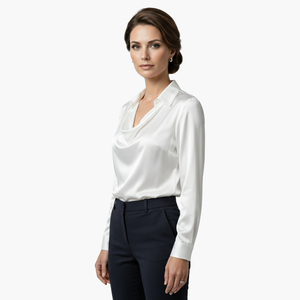Satin Draped Neck Long Sleeve Blouse