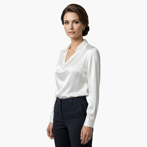 Satin Draped Neck Long Sleeve Blouse