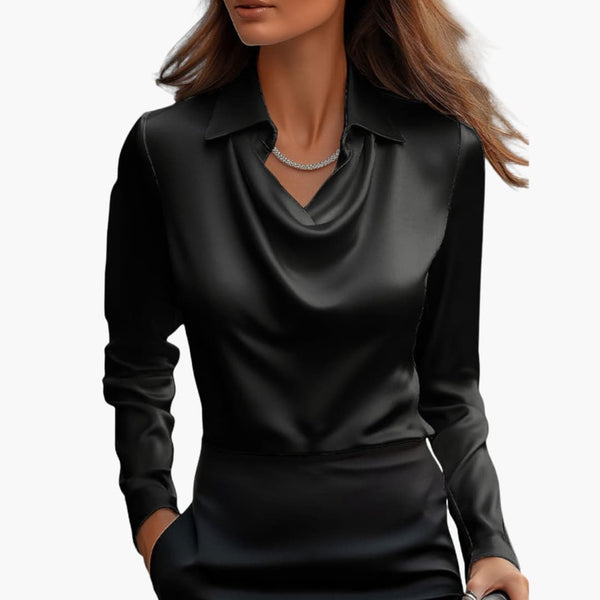 Satin Draped Neck Long Sleeve Blouse
