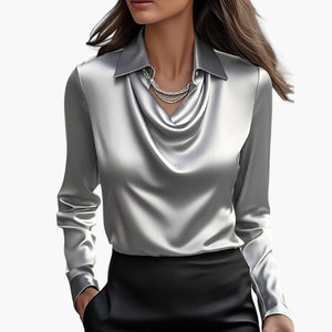 Satin Draped Neck Long Sleeve Blouse