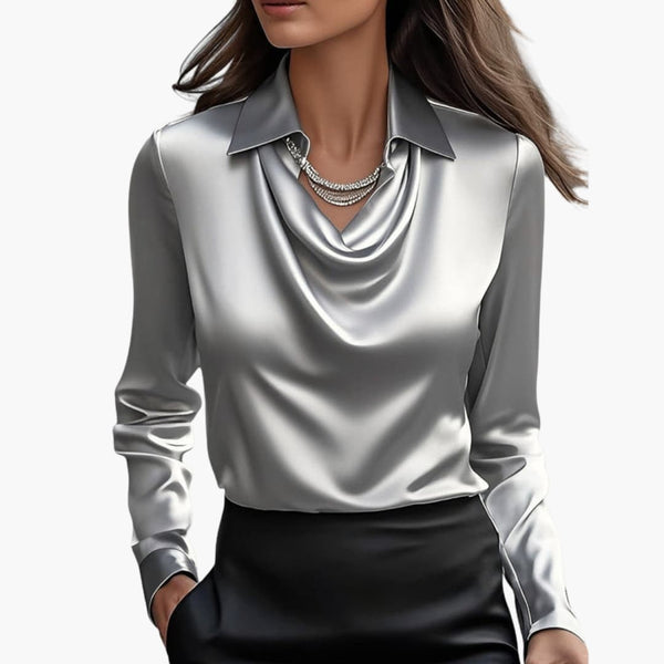 Satin Draped Neck Long Sleeve Blouse
