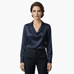 Satin Draped Neck Long Sleeve Blouse
