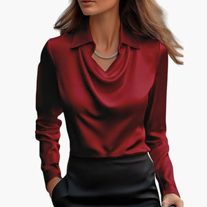 Satin Draped Neck Long Sleeve Blouse