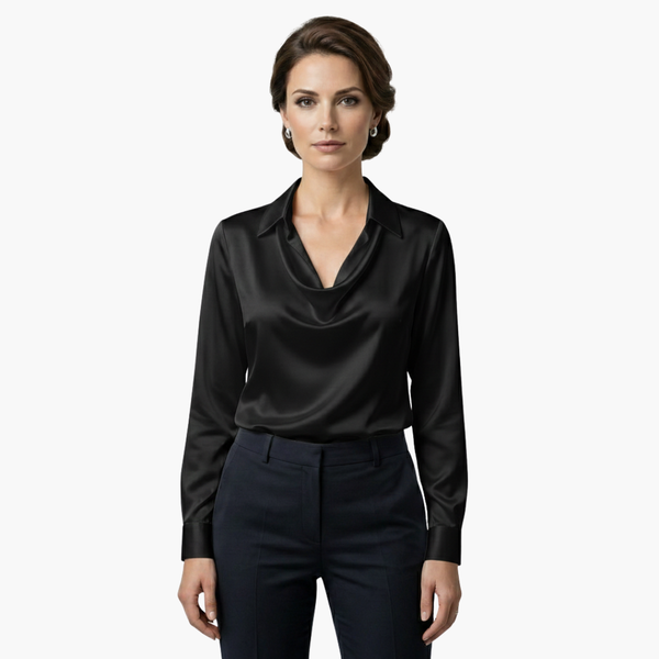 Satin Draped Neck Long Sleeve Blouse