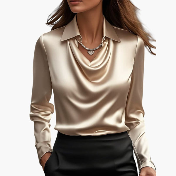 Satin Draped Neck Long Sleeve Blouse