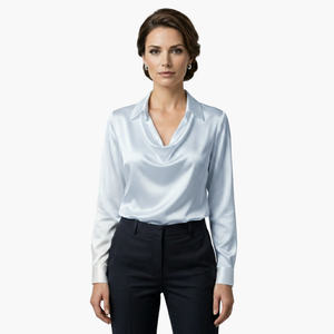 Satin Draped Neck Long Sleeve Blouse