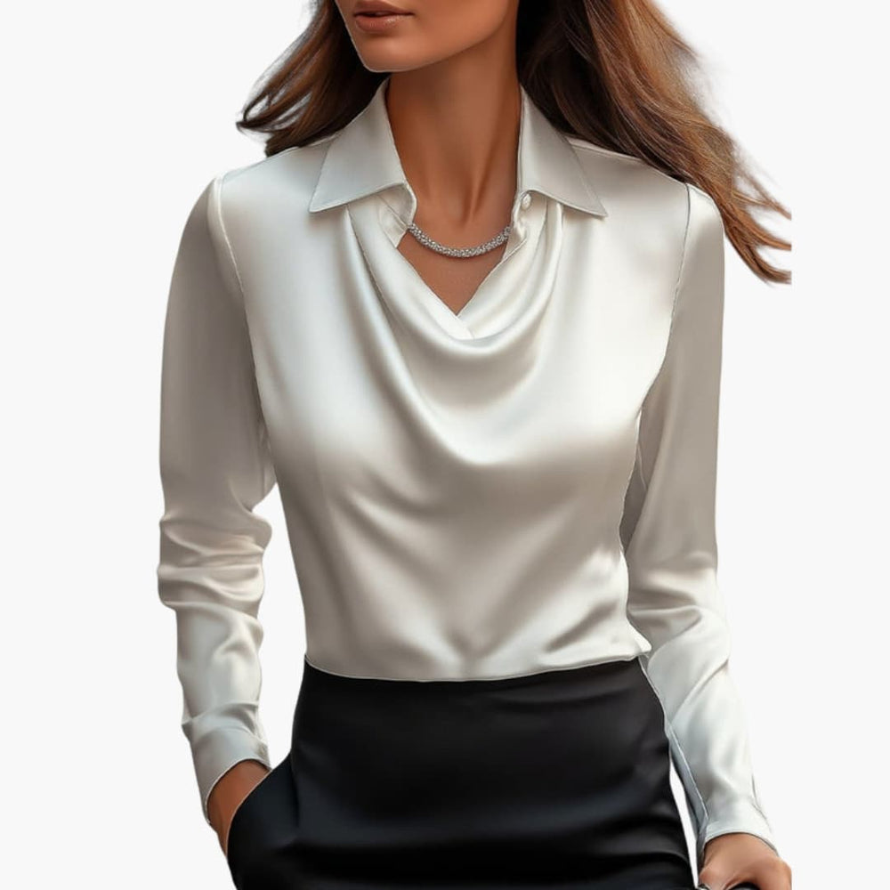 Satin Draped Neck Long Sleeve Blouse