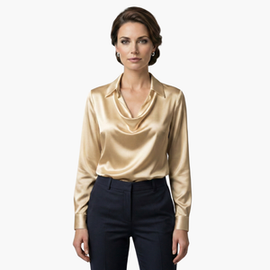 Satin Draped Neck Long Sleeve Blouse