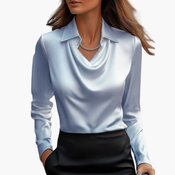 Satin Draped Neck Long Sleeve Blouse