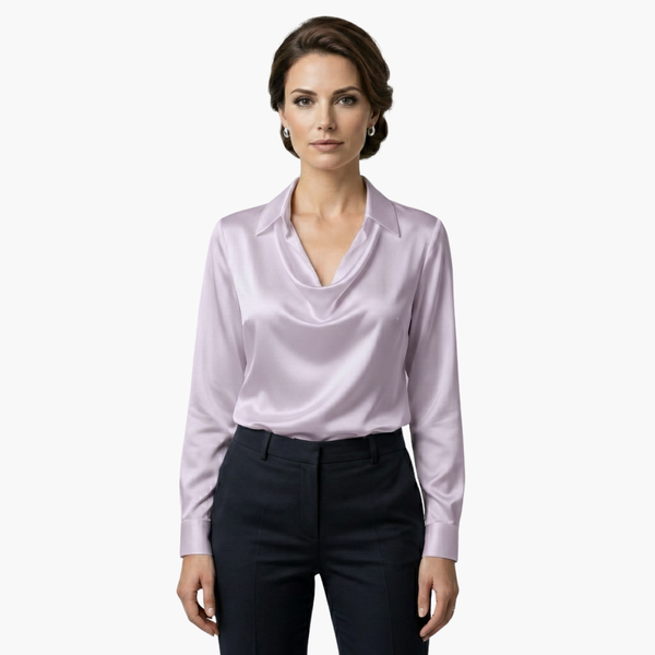 Satin Draped Neck Long Sleeve Blouse