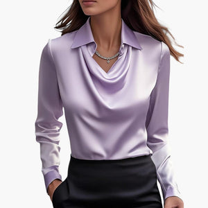 Satin Draped Neck Long Sleeve Blouse