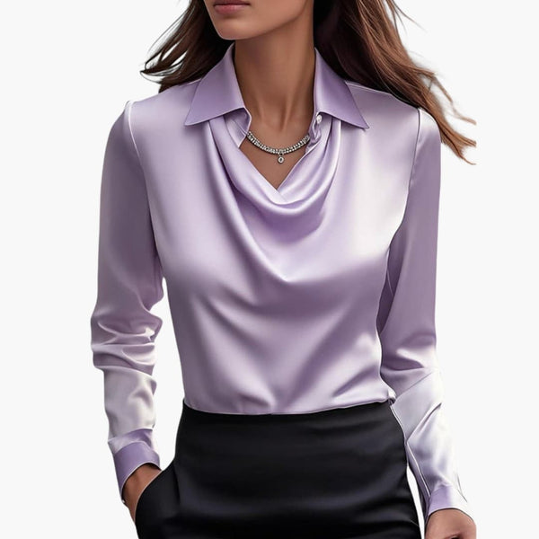 Satin Draped Neck Long Sleeve Blouse