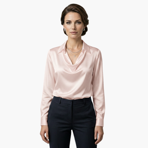 Satin Draped Neck Long Sleeve Blouse