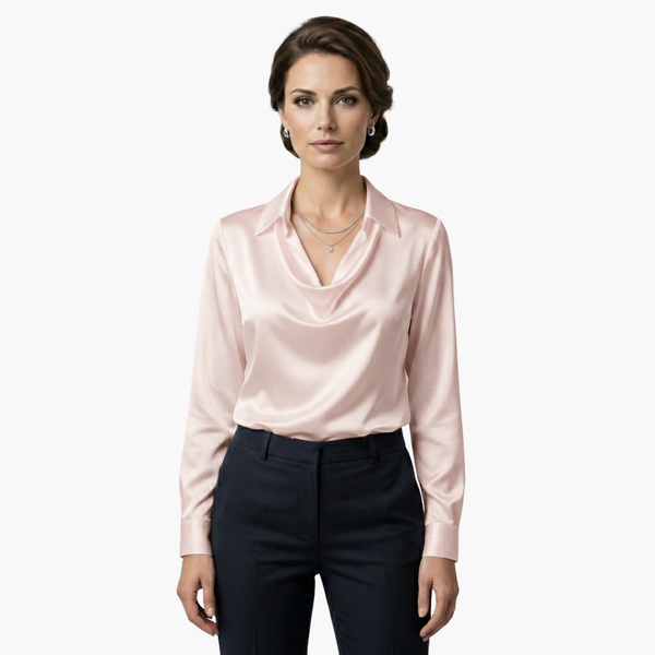 Satin Draped Neck Long Sleeve Blouse
