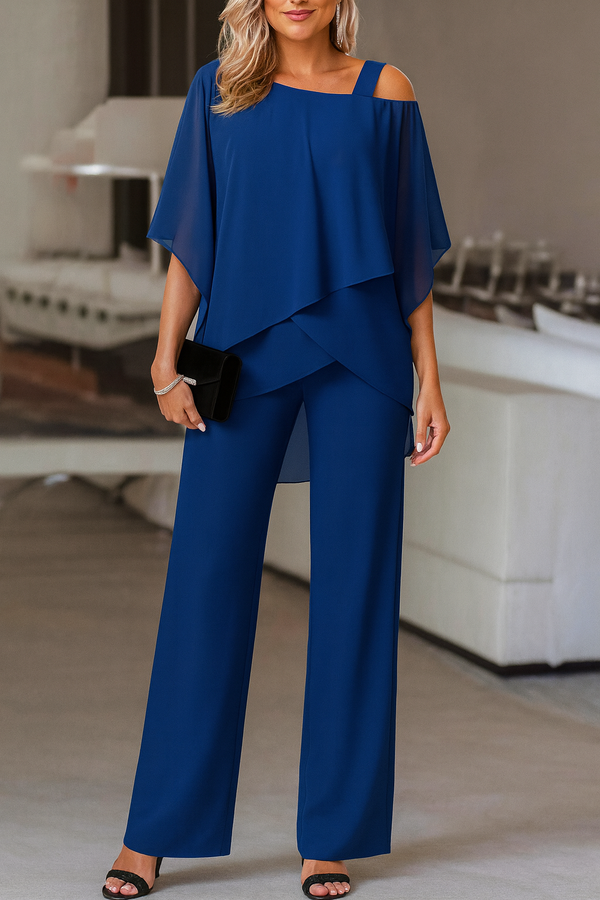 Women’s Elegant Off-Shoulder Layered Top & Wide Leg Pants Set
