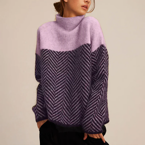 Colorblock Herringbone Knit Turtleneck Sweater for Women