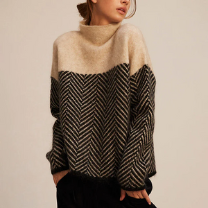 Colorblock Herringbone Knit Turtleneck Sweater for Women