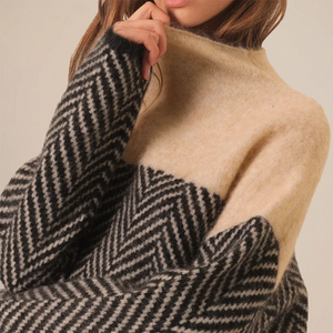 Colorblock Herringbone Knit Turtleneck Sweater for Women