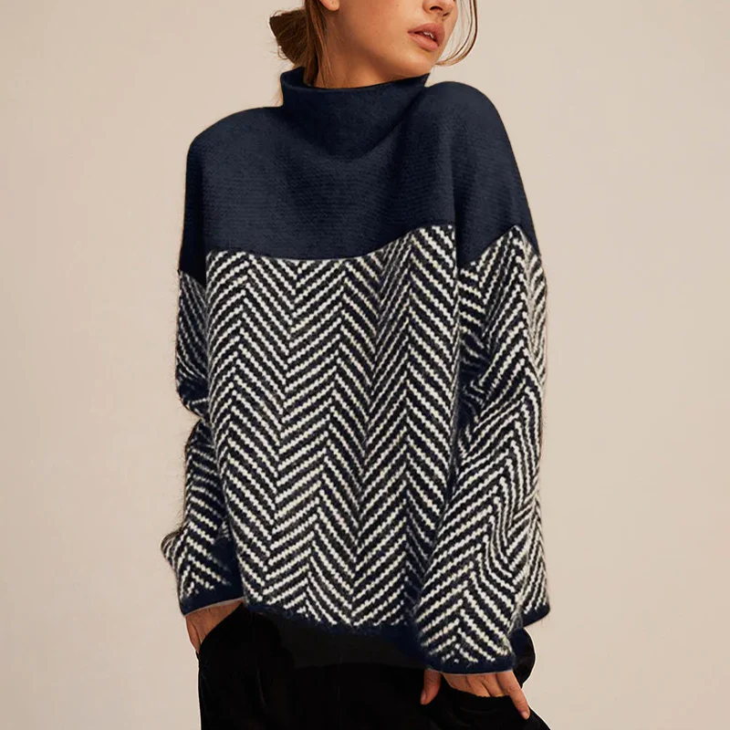 Suéter de cuello alto de punto espiga bicolor para mujer