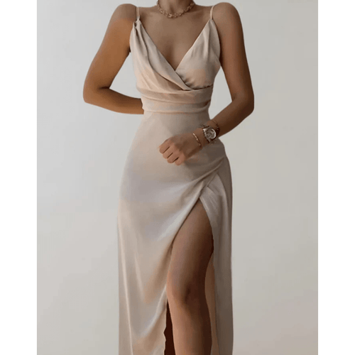 Women's Elegant Satin Slip Maxi Dress with Ruched Waist