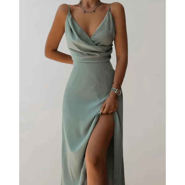 Women's Elegant Satin Slip Maxi Dress with Ruched Waist