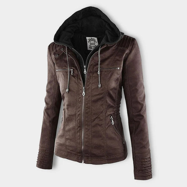 Women's Hooded Faux Leather Moto Jacket with Zip Front