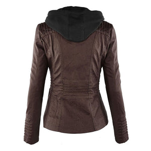 Women's Faux Leather Jacket with Hood