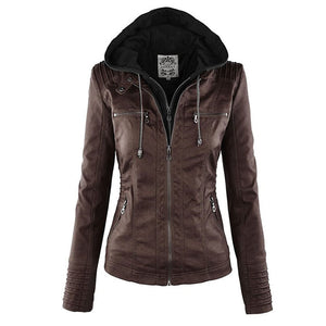 Women's Hooded Faux Leather Moto Jacket with Zip Front