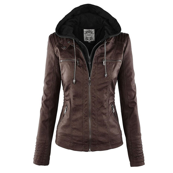 Women's Hooded Faux Leather Moto Jacket with Zip Front