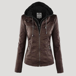 Women's Faux Leather Jacket with Hood
