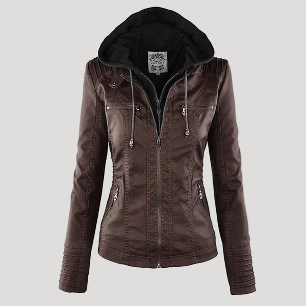 Women's Faux Leather Jacket with Hood